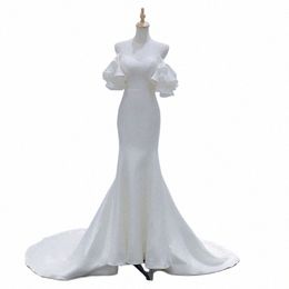french Mermaid Sexy Off Shoulder White Satin Trailing Wedding Dres for Bride Large Size Luxury Lg Prom Party Female Dres e62p#