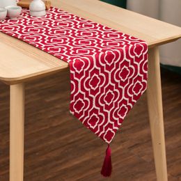2024 Elegant Turquoise Table Runner Jacquard Bed Runner with Tassels Red Tablecloth Narrow for Home Party Wedding Dining Table Decor