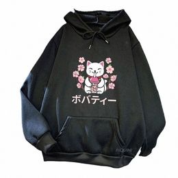 spring Autumn Winter Women Hoodies Carto Cat Bubble Boba Milk Tea Cherry Blossom Print Lg Sleeve Plus Size Hoodie Sweatshirt S6ZR#