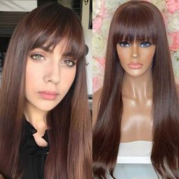 Nxy Vhair Wigs Rongduoyi Long Straight Dark Brown Synthetic Lace Front Wig with Bangs Silky Natural Hair Women Use Daily Makeup 240330