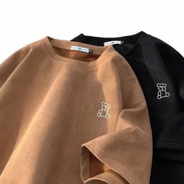 bear Print Chamois Leather Fleece American Vintage Plus Size Women T-shirt Summer New Women's T-shirt Casual Streetwear Tee Tops w0B2#
