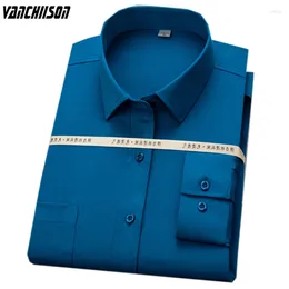 Men's Dress Shirts Men Shirt Bamboo Fibre Elastic Fabric For Summer Spring Long Sleeve Solid Dark Blue Party Formal Style Male Fashion 00570