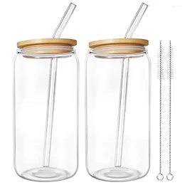 Wine Glasses 2 Sets Wide Mouth Glass Water Bottle Beverage Cup Milk Juice Bamboo Portable Clear Design For Coffee