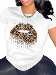 plus Size Leopard Lips Graphic Tee Shirt, Valentine's Day Crew Neck Short Sleeve Casual Everyday Tops, Women's Clothing G6Ys#