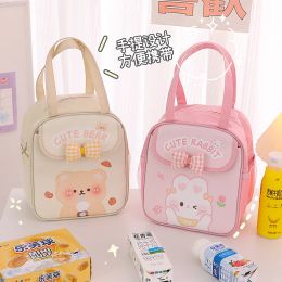 Cute Portable Lunch Box for Kids Pink Bow Bunny Thermal Insulated Lunch Bag Bento Pouch Kawaii Container School Food Storage Bag