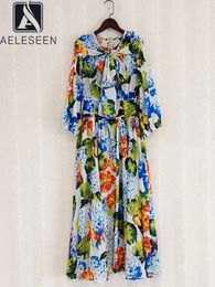 Casual Dresses AELESEEN Fashion Designer 2024 Spring Summer Chiffon Dress Women Flowers Printed Bow Lantern Sleeve High Quality Elegant