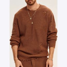 Spring Autumn New Sweater Sportswear Set Men's Loose Vintage Hole Long Sleeve Knit Tops And Shorts Two Piece Suits For Male