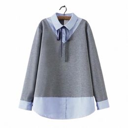 spring Autumn Women Sweatshirts Plus Size Fi Casual Clothes Female Hoodies Fake Two Pieces Loose Stripe Tops r9rm#