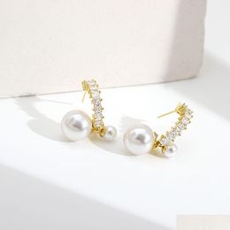 Hoop & Huggie Exquisite Gold Color Korea Design C-Shaped Zircon Pearls Pendant Earrings Temperament Luxury Simple Drop Deliv Dhgarden Dhrxc