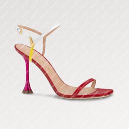 Explosion NEW Women's 1AC8VZ Blossom sandal red four constrasting Colours patent calf leather straps high heel Flower-shaped gold-tone metal Sandals