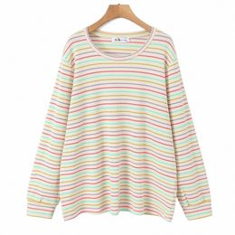 2023 Autumn Good Quality Clothes Women T-Shirt Plus Size Lg Sleeve Tops Dopamine Rainbow Stripe Curve Tee Female N8767 W3Ac#