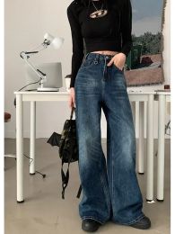 Houzhou Baggy Blue Jeans Mulheres Vintage 90s Denim de perna larga Denim