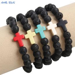 Strand MHS.SUN Est Religion Cross Beads Lava Diffuser Bracelets For Men Black Natural Stone Meditation Bracelet Yoga Healing Jewellery