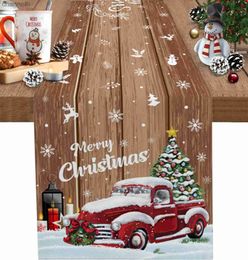 Table Runner Christmas Tree Red Truck Snowflake Linen Runners Wood Grain Decor Dresser Scarf Decoration yq240330