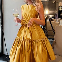 Casual Dresses 2024 Summer Women Elegant Party Dress Bowknot O Neck Sleeveless Pleated Cocktail Evening Large Swing French Robe