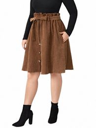 brown Plus Size Skirts for Women Corduroy High Elastic Waist A Line Vintage Elegant Causal Party Knee Length Skirt with Pockets F4Cc#