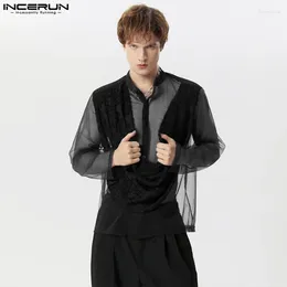 Men's Casual Shirts INCERUN Tops 2024 Mens Front Fringe Patchwork Mesh Design Sexy See-through Male Thin Long Sleeved Blouse S-5XL