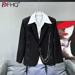 Men's Suits PFHQ Niche Design Suit Jackets Metal Chain Decoration Trendy Shoulder Pads Delicacy Temperament Summer Male Blazer 21Z4353