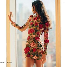 New 2024 Casual Dresses Long Sleeve Dress Embroidered Party Floral Fashion Women Bodycon