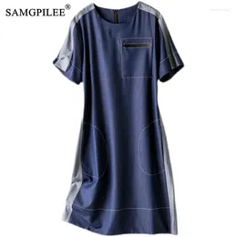 Party Dresses Women Dress 2024 Elegant Distressed Patch-style O Neck Large Pockets Knee-length Denim Blue Colour Summer