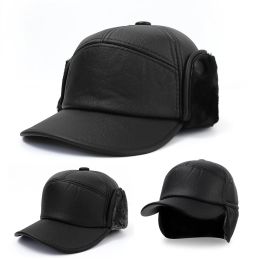 New Winter Bomber Hat Men Women Russian Black Leather Ushanka Caps With Ear Flaps Fur Warm Leather Brand Baseball Cap Hats