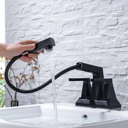 Bathroom Sink Faucets 4 Inch Centerset Faucet With Pull Out Sprayer Matte Black 3 Hole 2 Handle Lavatory RV Vanity