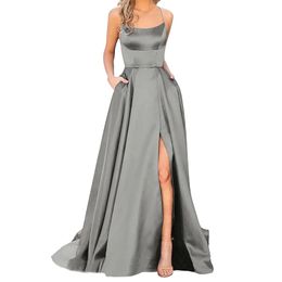 Solid Color Dresses Prom For Women Sexy Satin Spaghetti Strapbackless Side Slit Tunic Slip Dress Female Party Evening Long 240329