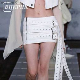 Skirts Skorts BIIKPIIK Fashion Ribbon Women Leather Mini Skirts Sexy White Zipper Belts Low Waisted PU Skirt Autumn Bottom Clothing Runway Y2K 240330
