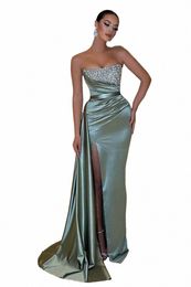beaded Prom Dres Strapl High Slit Removable Skirt Mermaid Green Formal Party Women Pleats Elastic Satin Lg Evening Gowns q6FI#