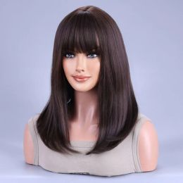 Black Brown Synthetic Wig with Bangs Middle Long Straight Curly Wigs for Women Cosplay Daily Party Heat Resistant Fibre Hair