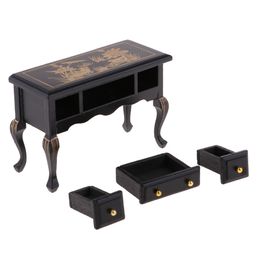 1/12 Miniature Doll House Furniture Vintage Wooden Table Desk with 3 Drawers Dollhouse Accessories