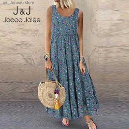 Basic Casual Dresses Jocoo Jol Bohemian Maxi Dress Women Casual Vintage Slveless O Neck Floral Print Loose Long Dress Oversized Beach Sundress T240330