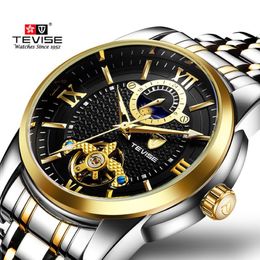 TEVISE Fashion Mens Watch Luxury Business Men Watches Tourbillon Design Stainless Steel Strap Automatic Wrist Watches210h