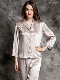 Home Clothing Long Sleeve Lace Sleepwear Real Silk Satin Women's Pajamas Set Turn-down Collar Comfortable Nightwear 2024 S30389QM