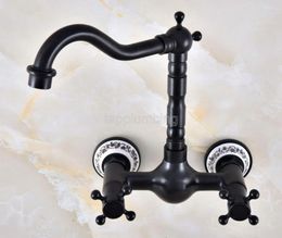 Bathroom Sink Faucets Black Oil Rubbed Bronze Wall Mounted Basin Faucet Dual Handle Swivel Spout Kitchen Mixer Tap Tnf851