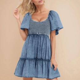 Casual Dresses Summer 2024 Short Sleeve Denim Dress Womens Classic Dark Blue U Collar Retro Tiered Ruffle Layer