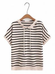 plus Size Women's Summer T-Shirt Batwing Sleeve Hooded Jersey Stretch T-Shirt Summer Thin Striped T-Shirt For Plump Lady XL-4XL v9TL#