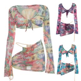 Women Sexy Floral Print Mesh 3 Pieces Set Long Sleeve Tie Knot Front Crop Top with Thong Side Drawstring Ruched Mini Skirt