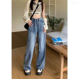 Women's Pants Vintage Blue Colour Lace Up Design Jeans Women High Waist Straight Denim Female Spring Autumn Chic Wide Leg Trousers