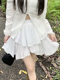 Skirts Skorts Summer Mini Skirt Women White Fashion Skirts Female Y2K Coquette Elastic Waist Skirt Ladies Kawaii Vintage Ruffles Short Faldas 240330