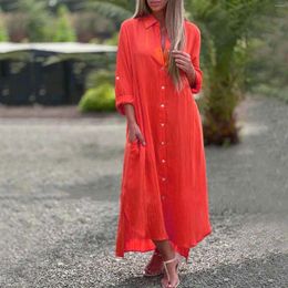 Casual Dresses Shirt Long Dress Women Summer Button Turn-Down Collar Sloid Color Maxi Fashion Female Pockets Loose