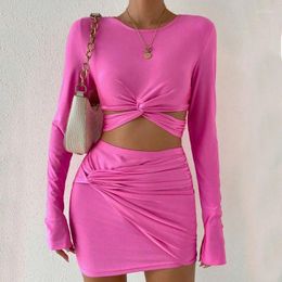 Work Dresses Spring And Summer Women's Fashion Hollow Out Long Sleeve Crop Top & Elastic Waist Wrap Hip Skirt Set Female Sexy Skirts Sets