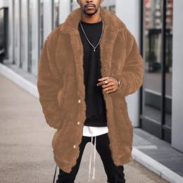 Winter Men Fluffy Fleece Thick Warm Coat Jacket Long Sleeve Hooded Coat Plush Buttons Closure Thicken Warm Men Coat Outerwear