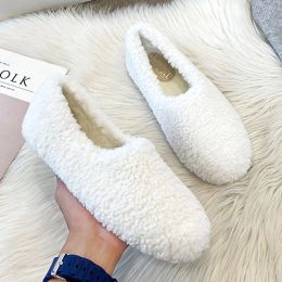 Boots Plus Size 3443 White Lambswool Loafers Woman Winter Cotton Shoes Warm Plush Mocasines Mujer 2023 Ladies Daily Sheep Fur Flats