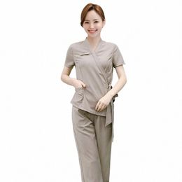 2023 High Quality Uniformes Overalls Women's Khaki Top+Pants 2 Piece Set Hotel Staffs Work Wear Beauty Sal SPA Uniform V0RJ#