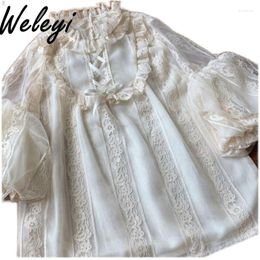 Women's Blouses Lolita Shirt Japanese Fashion Clothing 2024 Sweet Exquisite Lace Puffy Sleeve Bandage Inner Bottoming Shirts Blouse Top
