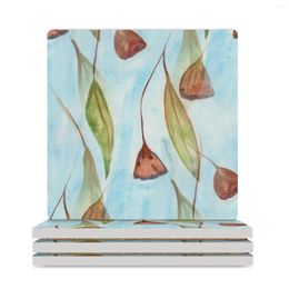 Table Mats Gum Nuts And Leaves On Sky Blue Background Ceramic Coasters (Square) Cup For Tea Personalize Customized Mat Dishes