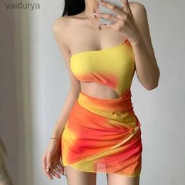 Women's Swimwear Sexy One-Piece Swimsuit Woman With Cover-up Bikini Sets One Shoulder Off Waist Print 2024 New Korean Style yq240330