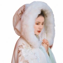 hanfu mantel chinese new year traditial woman Hooded Cape Cloak winter red tang dynasty embroidery ancient z2i3#