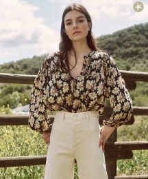 Retro French Style Daisy Print Women's Shirt Loose Print Sand Wash Silk Long Sleeve Shirt Summer Shirt